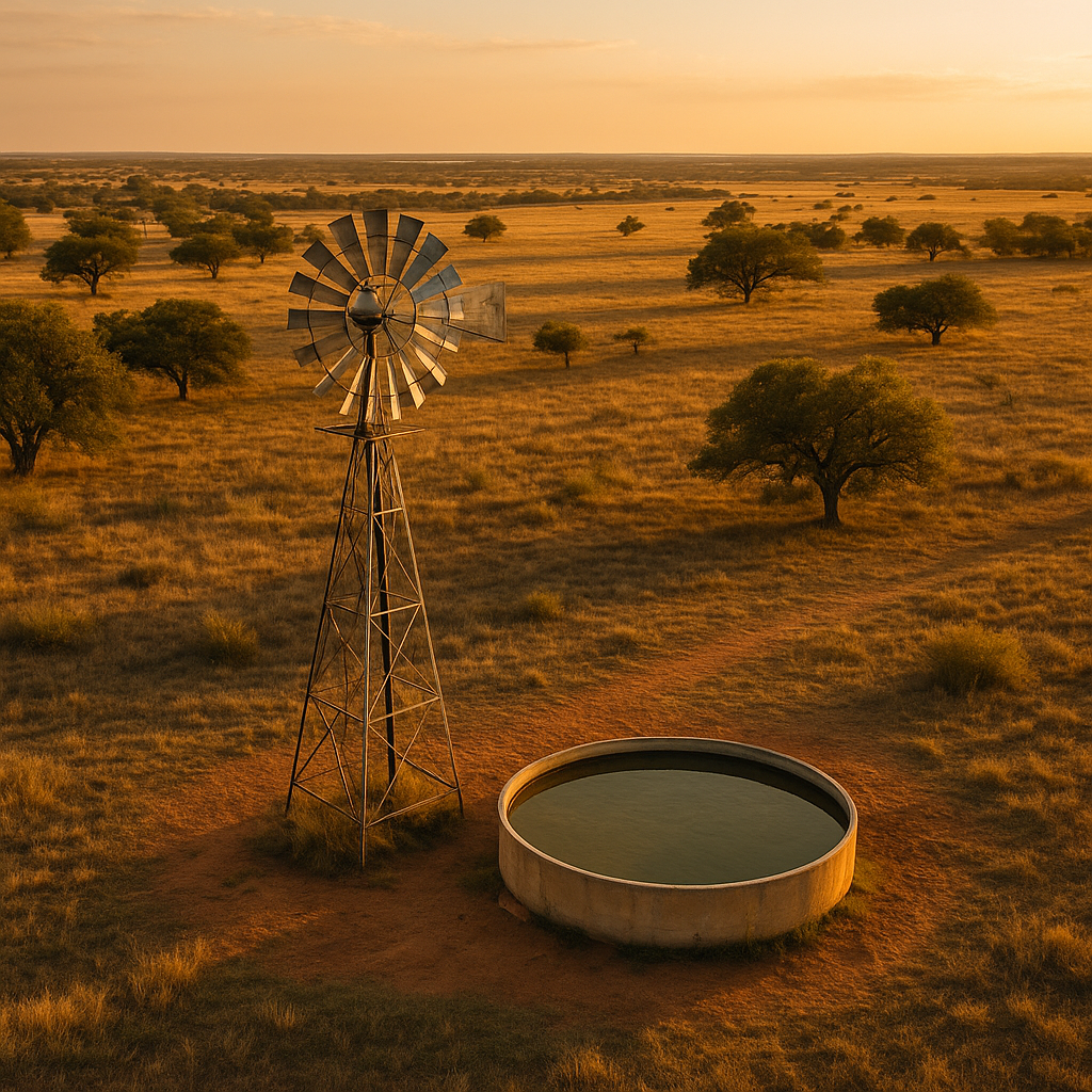 aerial view of Texas ranch with water well and windmill at golden hour