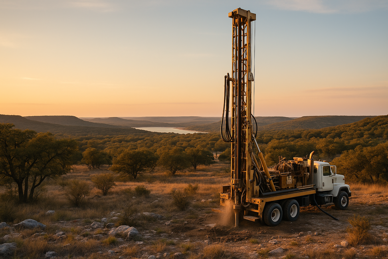 Water well drilling rig on rocky ranch land in Palo Pinto County Texas