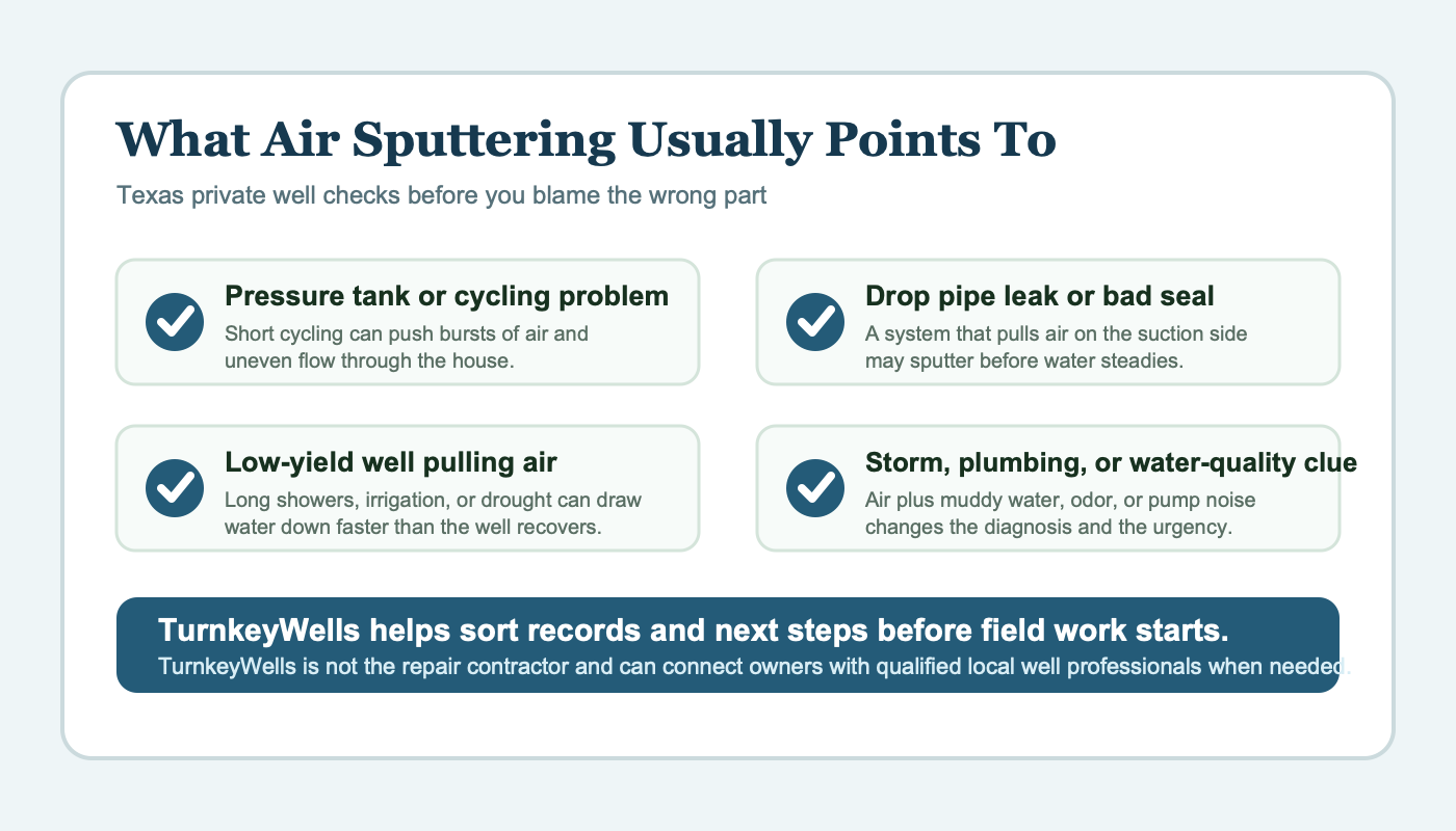 Air sputtering faucet and private well diagnostic checklist for a Texas property
