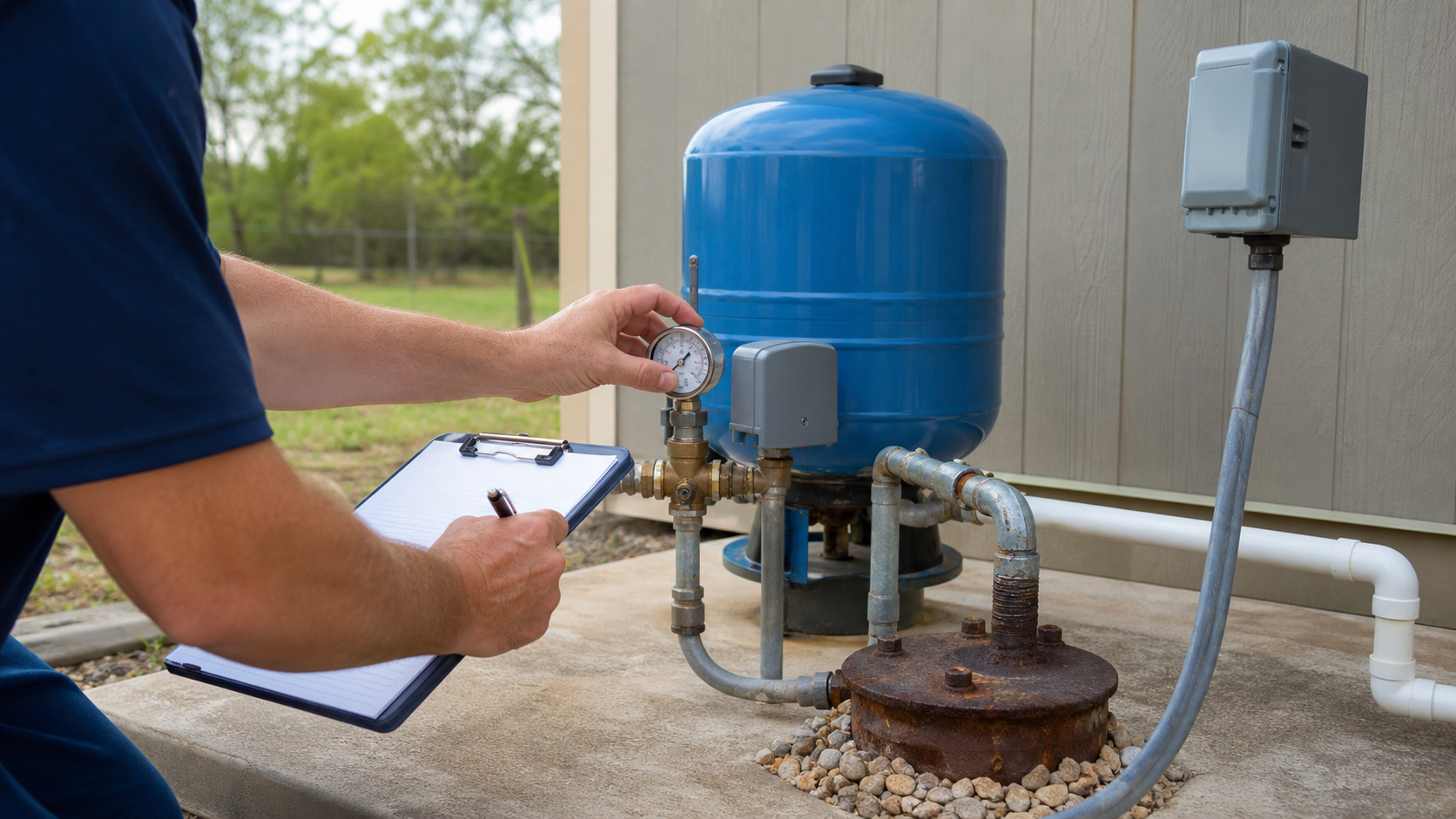 Texas private well pressure tank inspection during annual maintenance