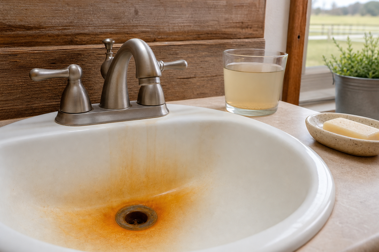 Brown rusty well water stains in a Texas sink