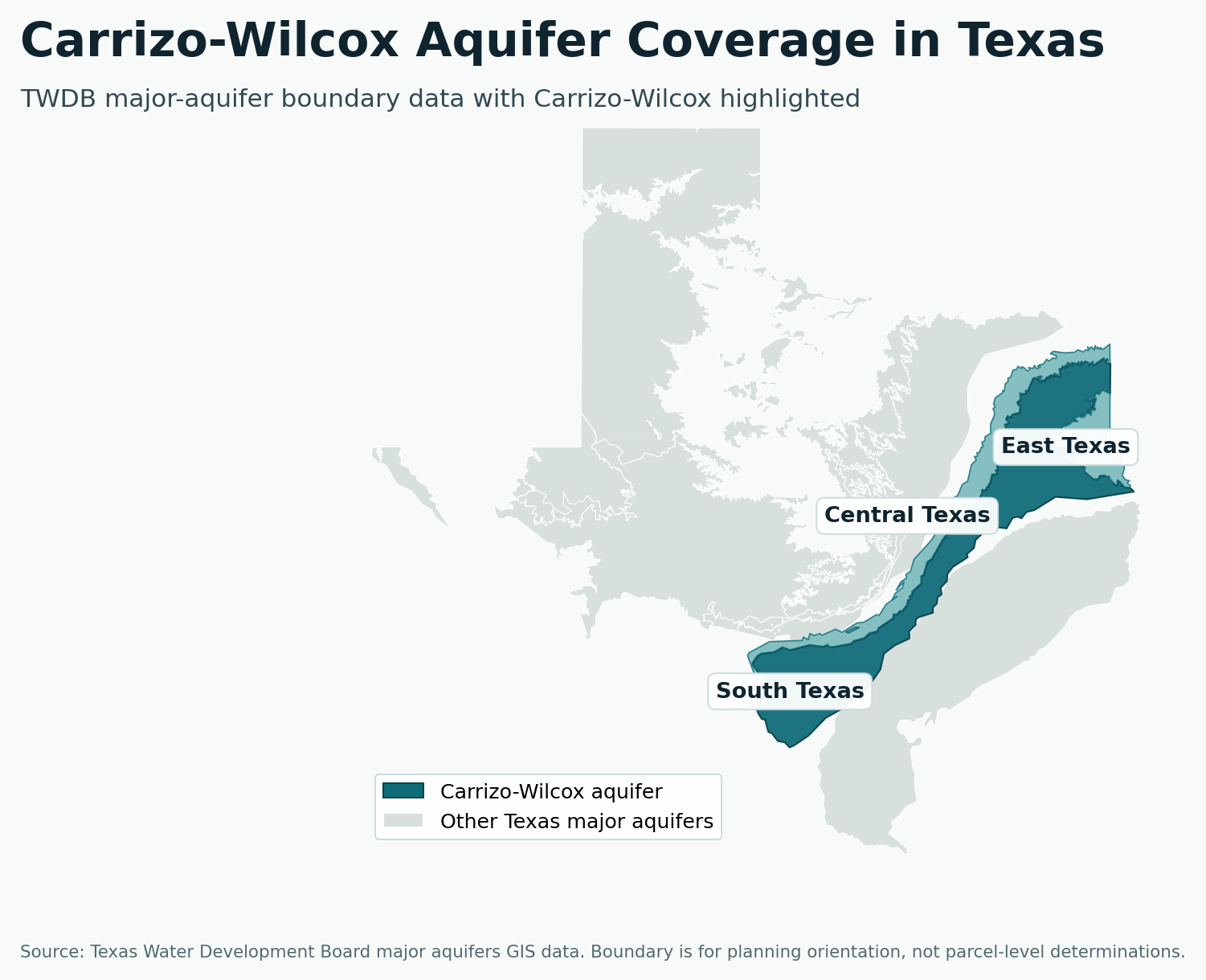 Carrizo-Wilcox Aquifer extent map Texas counties Carrizo-Wilcox Aquifer geographic extent map across Texas counties from South Texas to East Texas