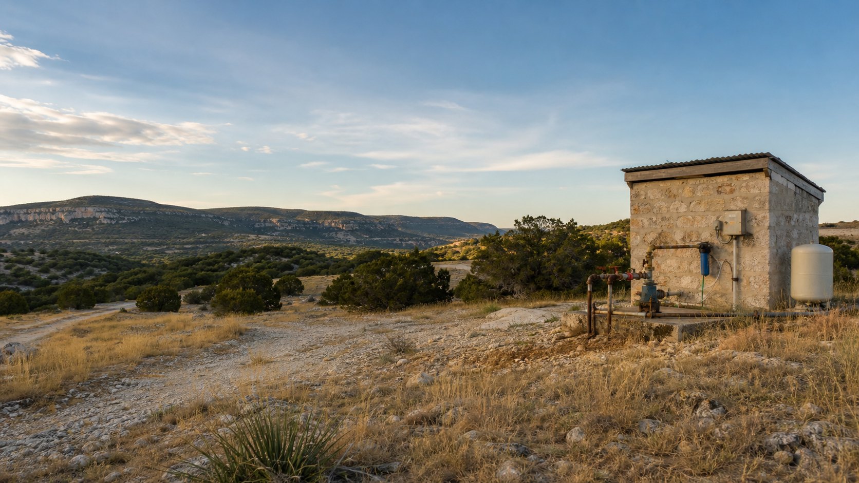 Edwards-Trinity Aquifer Texas ranch well on Edwards Plateau land Edwards-Trinity Aquifer Texas ranch property with private water well at sunset