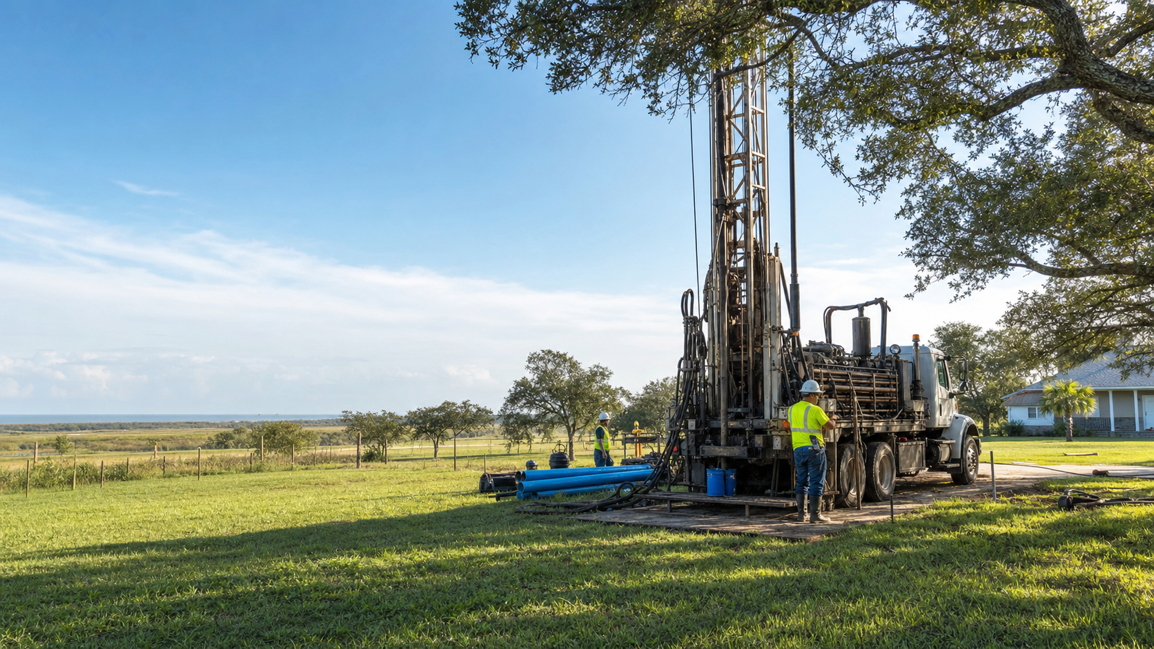 Water well drilling crew on Galveston County Texas acreage