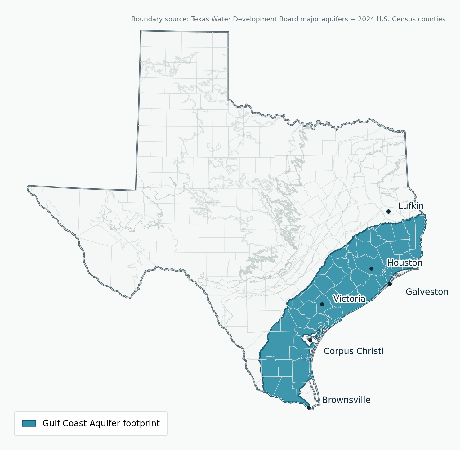 Gulf Coast Aquifer Texas coverage map using TWDB boundary data Gulf Coast Aquifer Texas coverage map showing coastal groundwater footprint