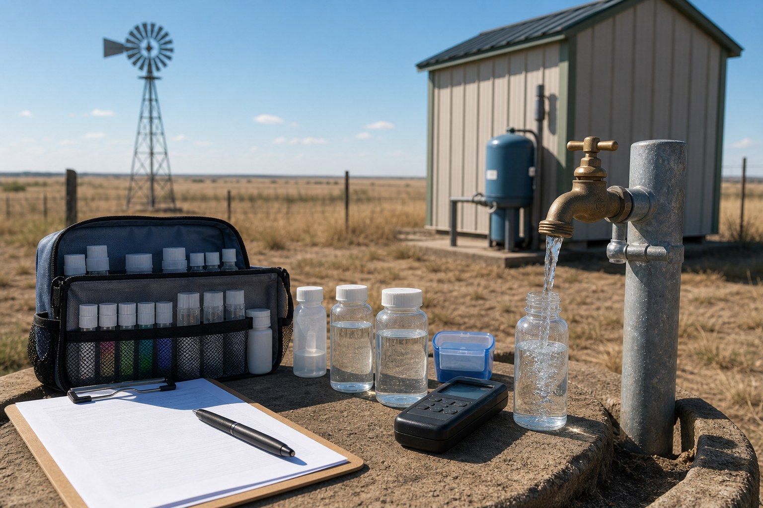 Private well water quality testing kit for a Texas home