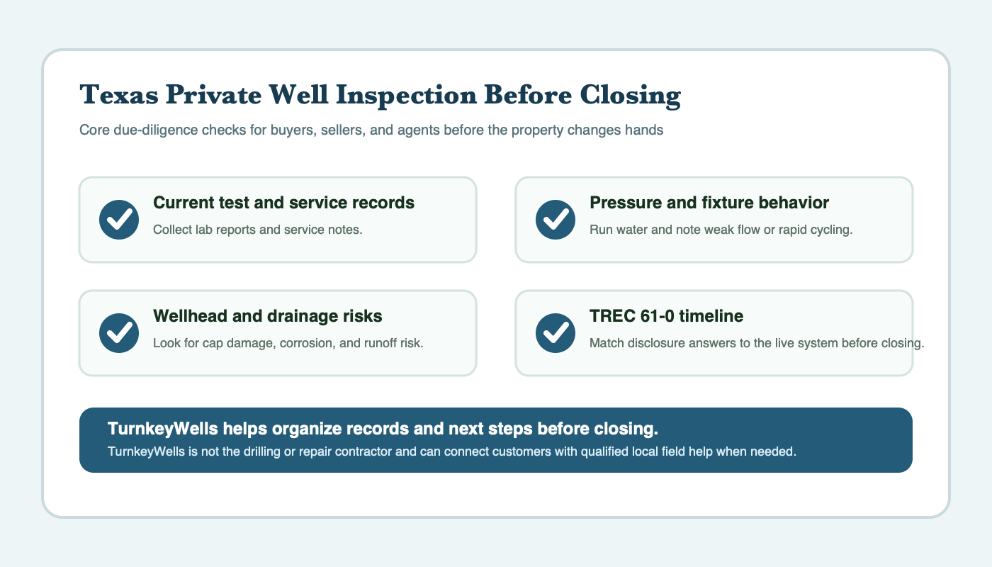 Texas private well inspection before closing checklist for buyers and sellers