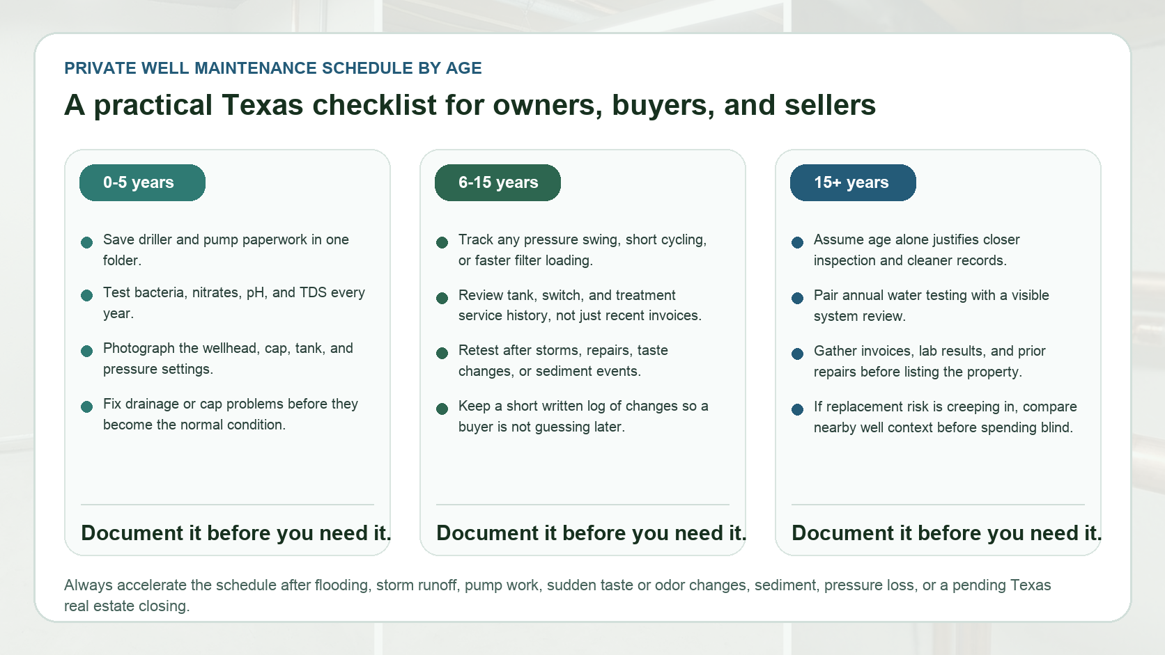 Private well maintenance schedule by age checklist for Texas owners