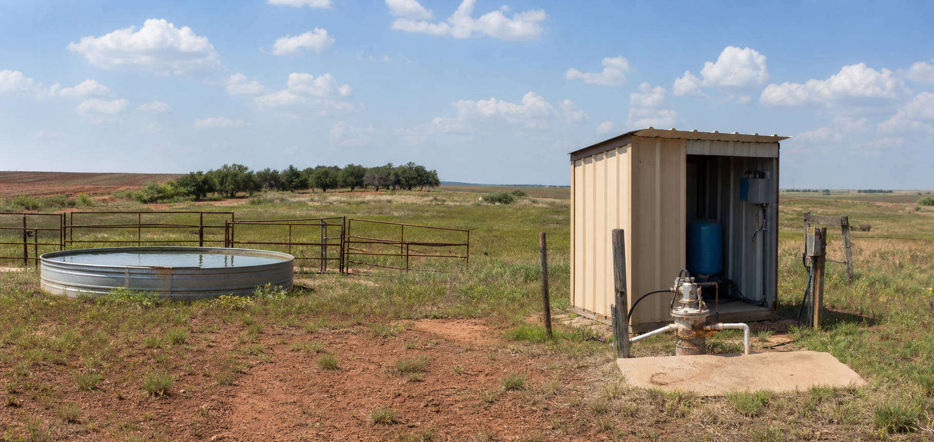 Seymour Aquifer Texas Rolling Plains private well and stock tank on North Central Texas ranchland