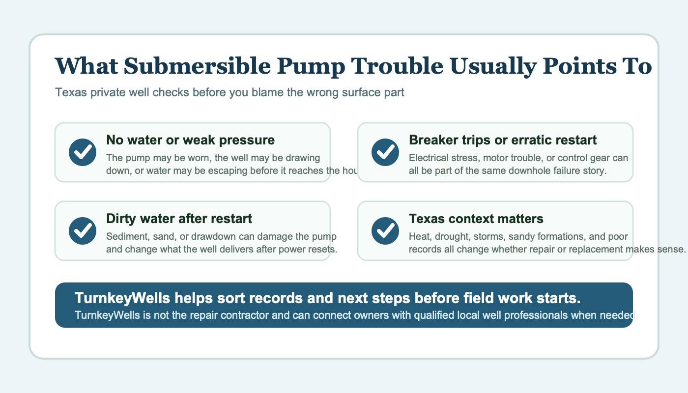 Submersible well pump problem signs and checklist for a Texas private well