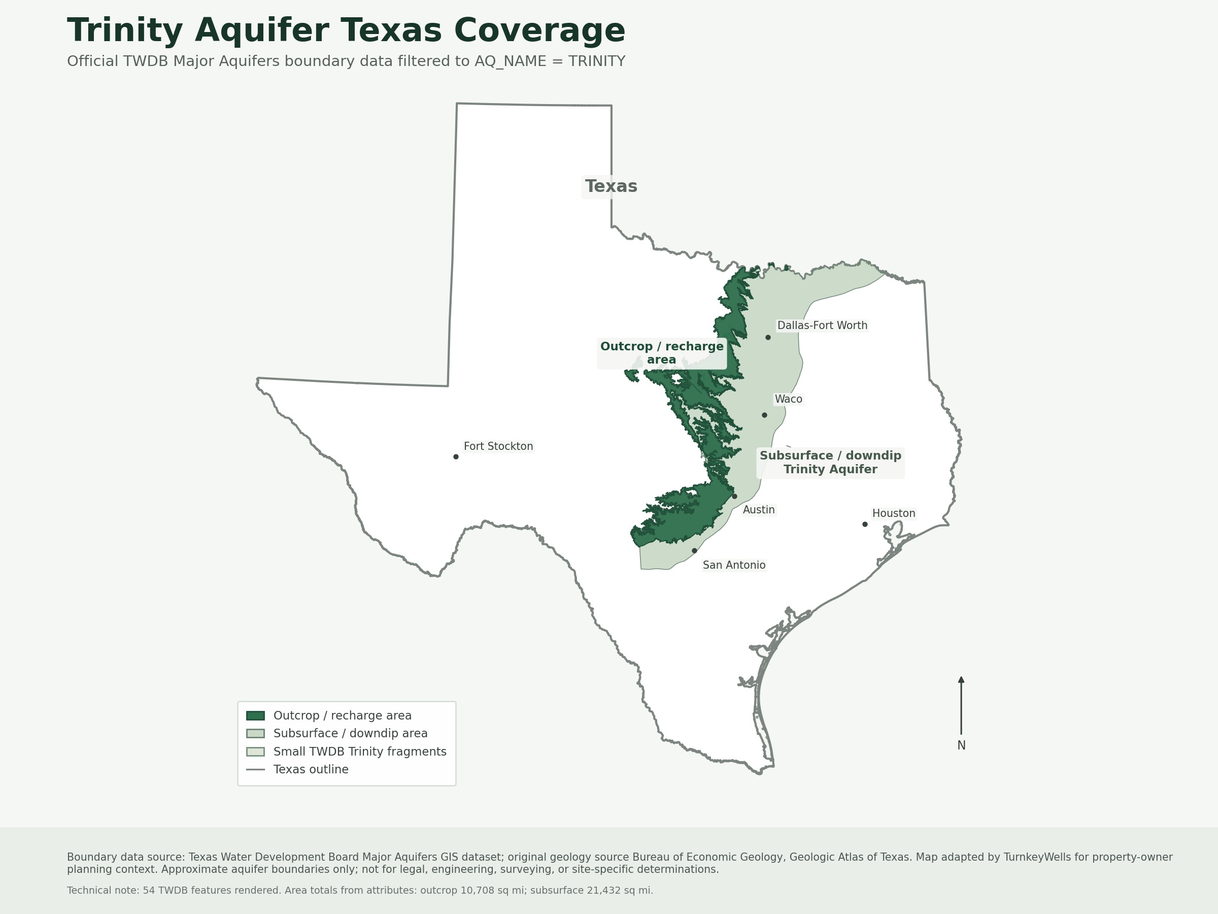Trinity Aquifer Texas coverage map from official TWDB aquifer data