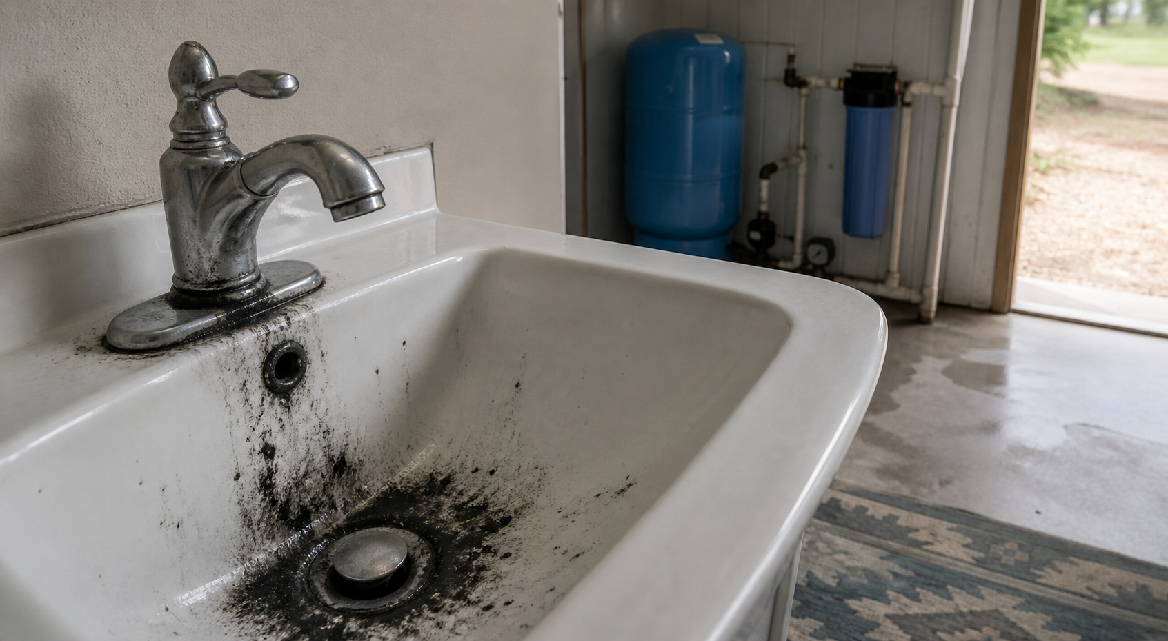 Black manganese staining in a Texas private well sink with nearby pressure system context