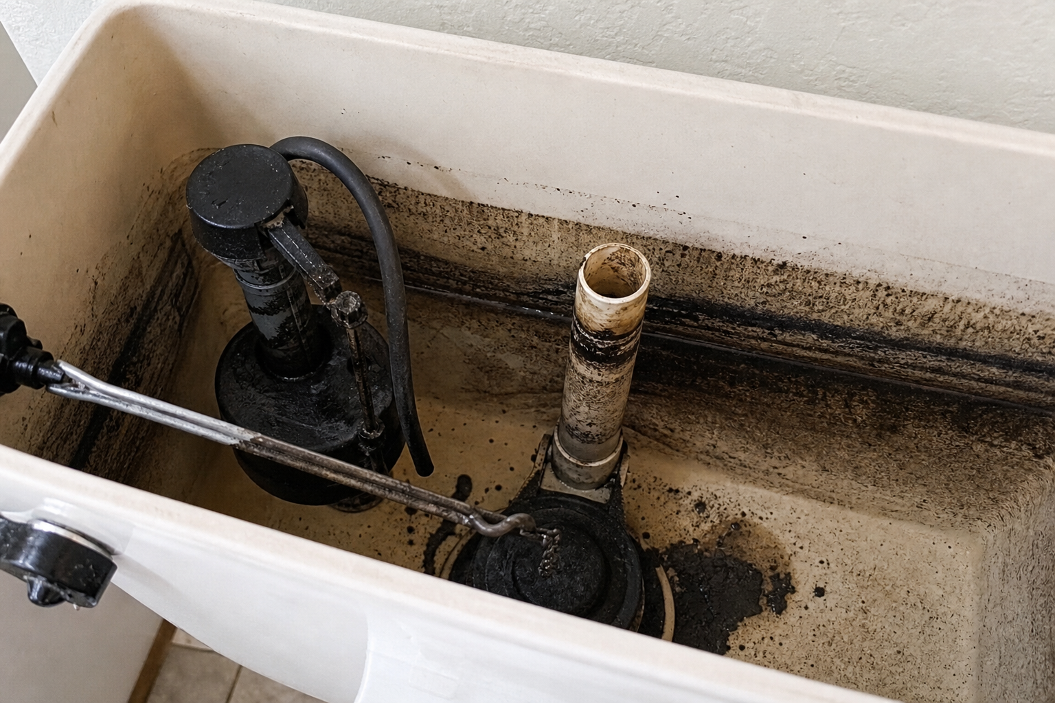 Black manganese staining inside a Texas private well toilet tank