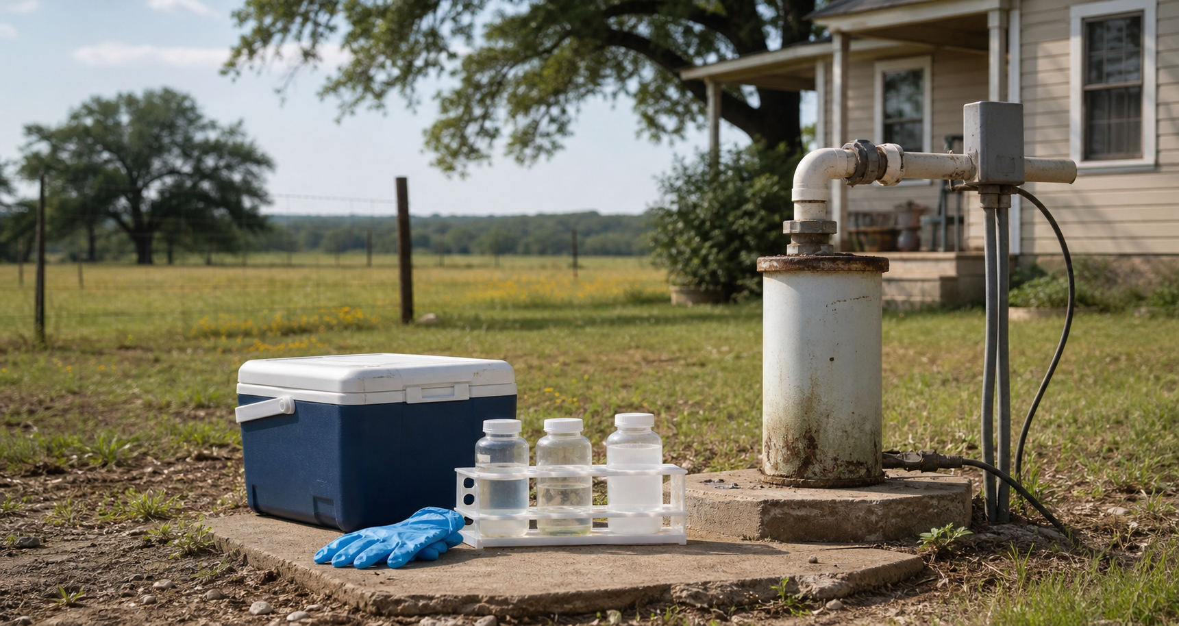 Coliform bacteria private well water sampling setup at a Texas homesite
