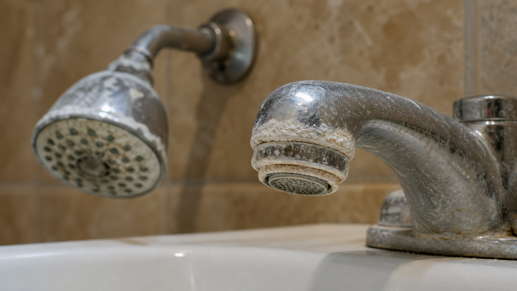 Hard water scale buildup on a Texas bathroom faucet and showerhead