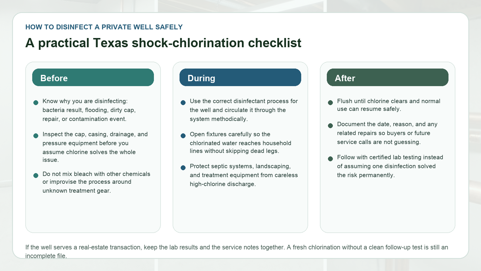 How to disinfect a private well safely checklist for Texas property owners