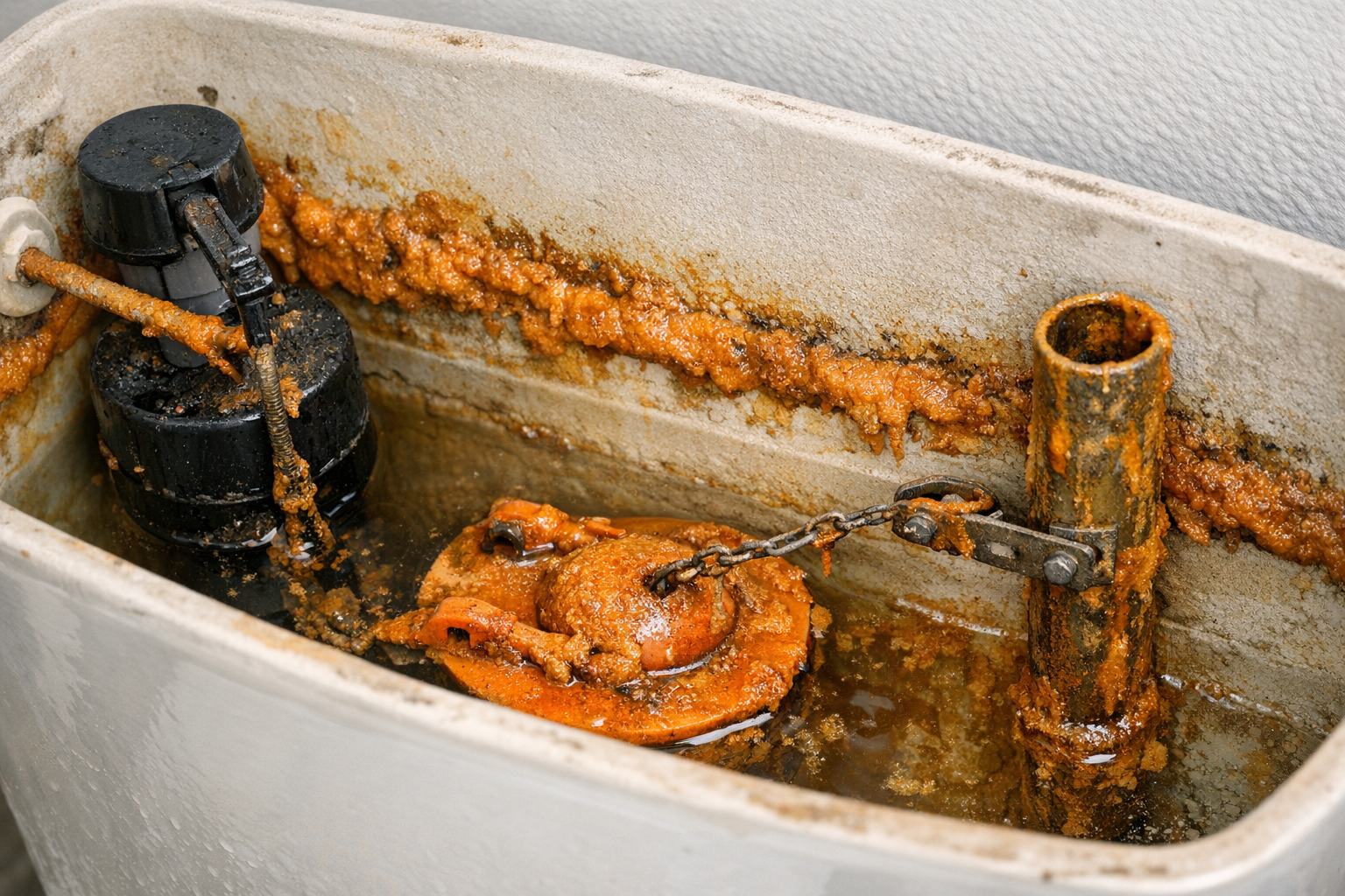 Orange iron bacteria slime inside a Texas private well toilet tank and plumbing fixture