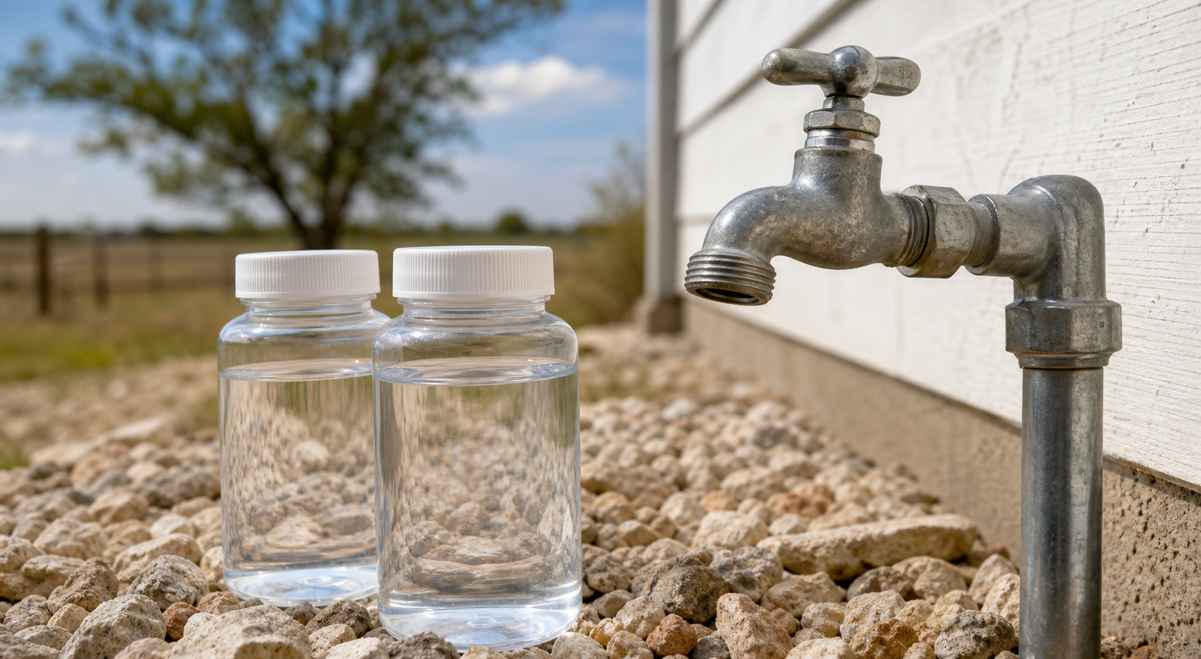 Texas private well nitrate sampling bottles at an outdoor faucet