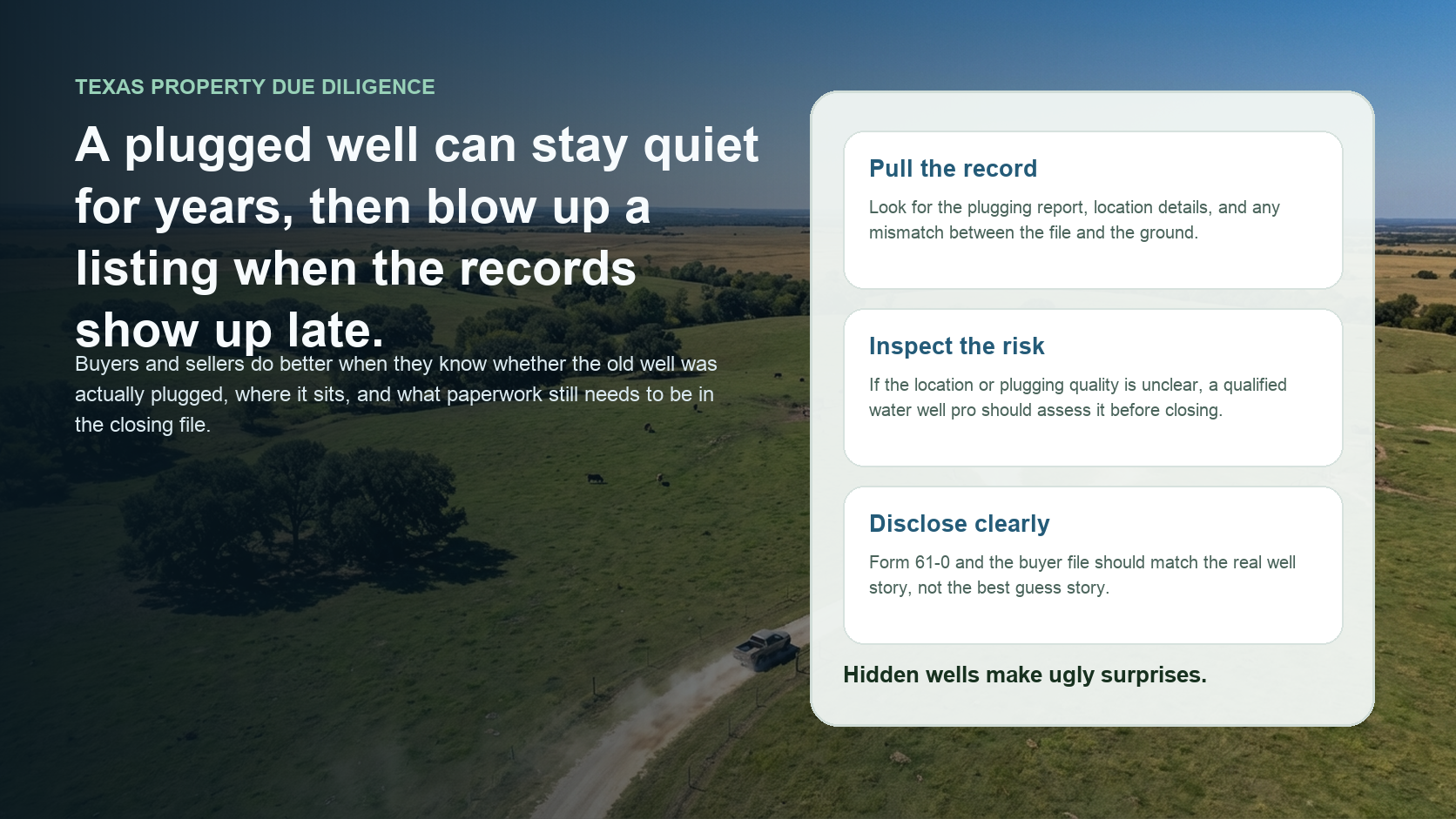 Plugged or abandoned well due diligence on a Texas ranch property