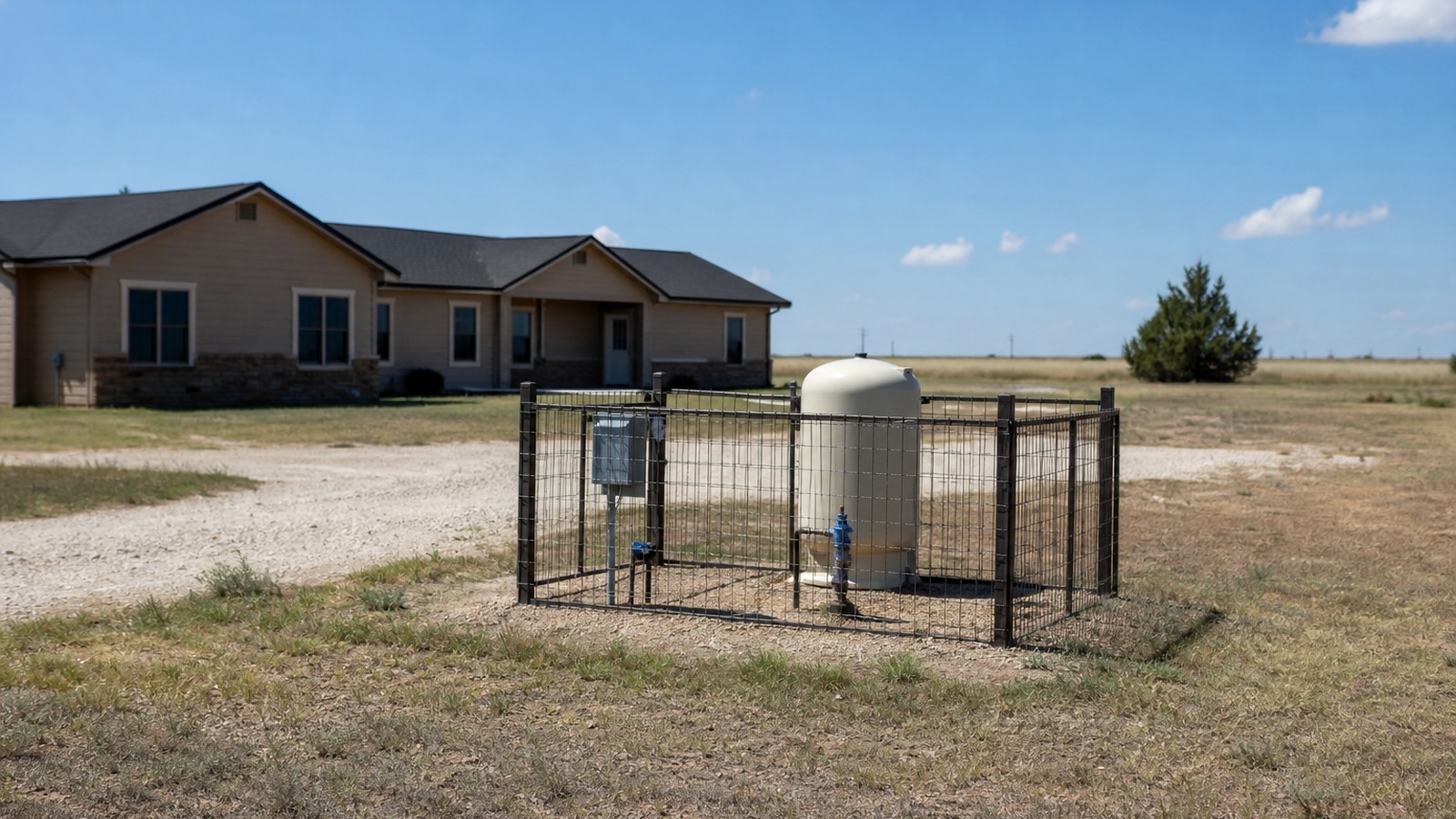 Andrews County Texas acreage homesite with private wellhead and pressure tank enclosure