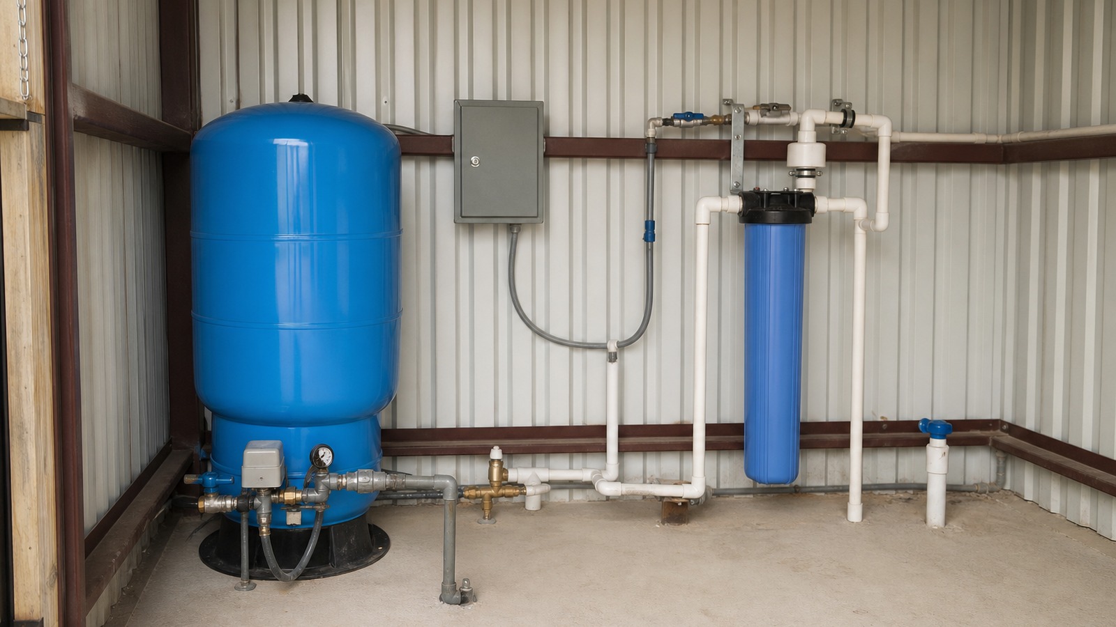 Andrews County Texas private well pressure tank and filter setup Andrews County Texas private well pressure tank and filter setup in equipment shed