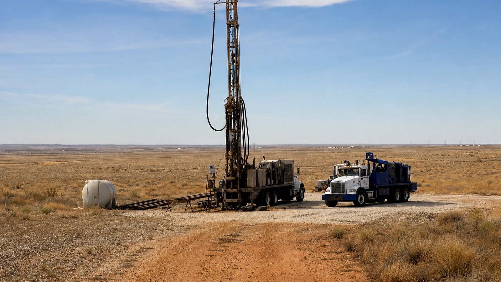 Andrews County Texas rural drilling site and water well rig Andrews County Texas rural drilling site with water well rig and service truck