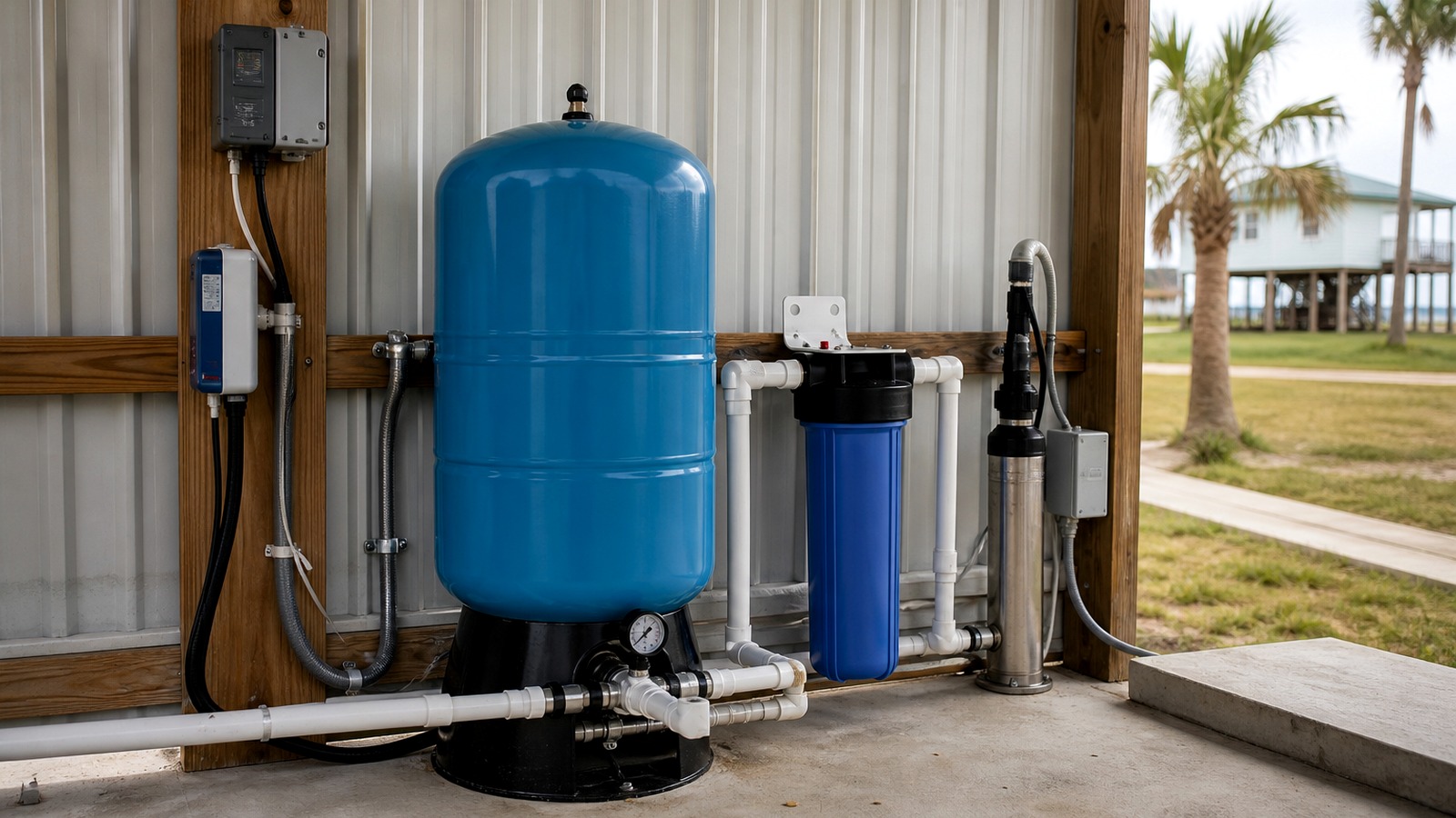 Aransas County Texas private well pressure tank and filter setup Aransas County Texas private well pressure tank and filter setup in coastal utility bay