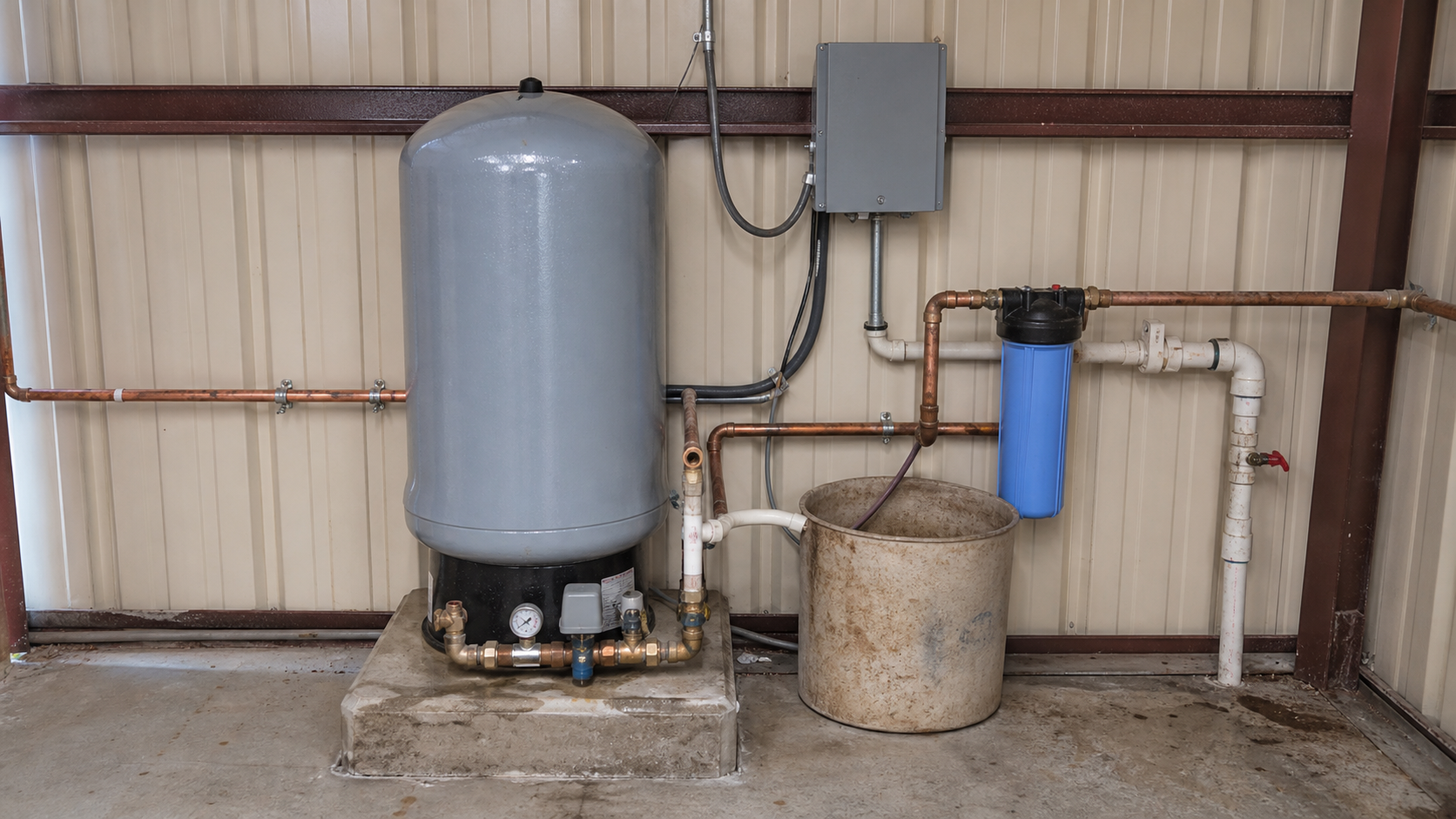 Private-well equipment image for Armstrong County planning Pressure tank, controls, piping, and filtration shown for Armstrong County planning