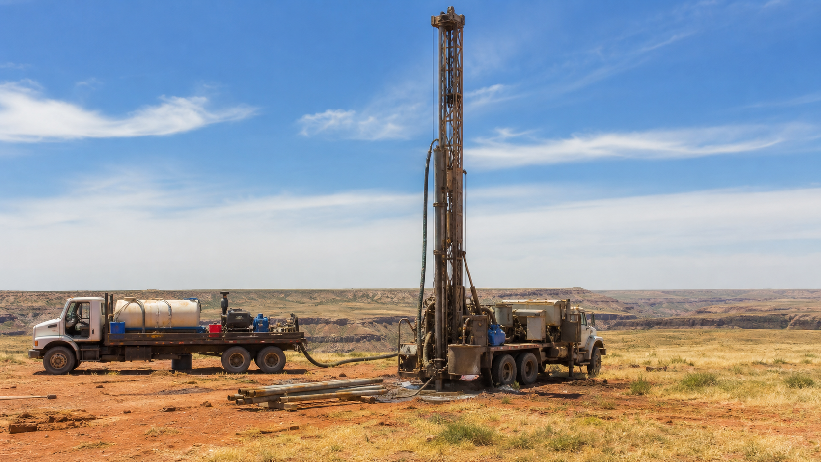 Drilling-site access image for Armstrong County planning Water well drilling rig and service truck shown for Armstrong County planning