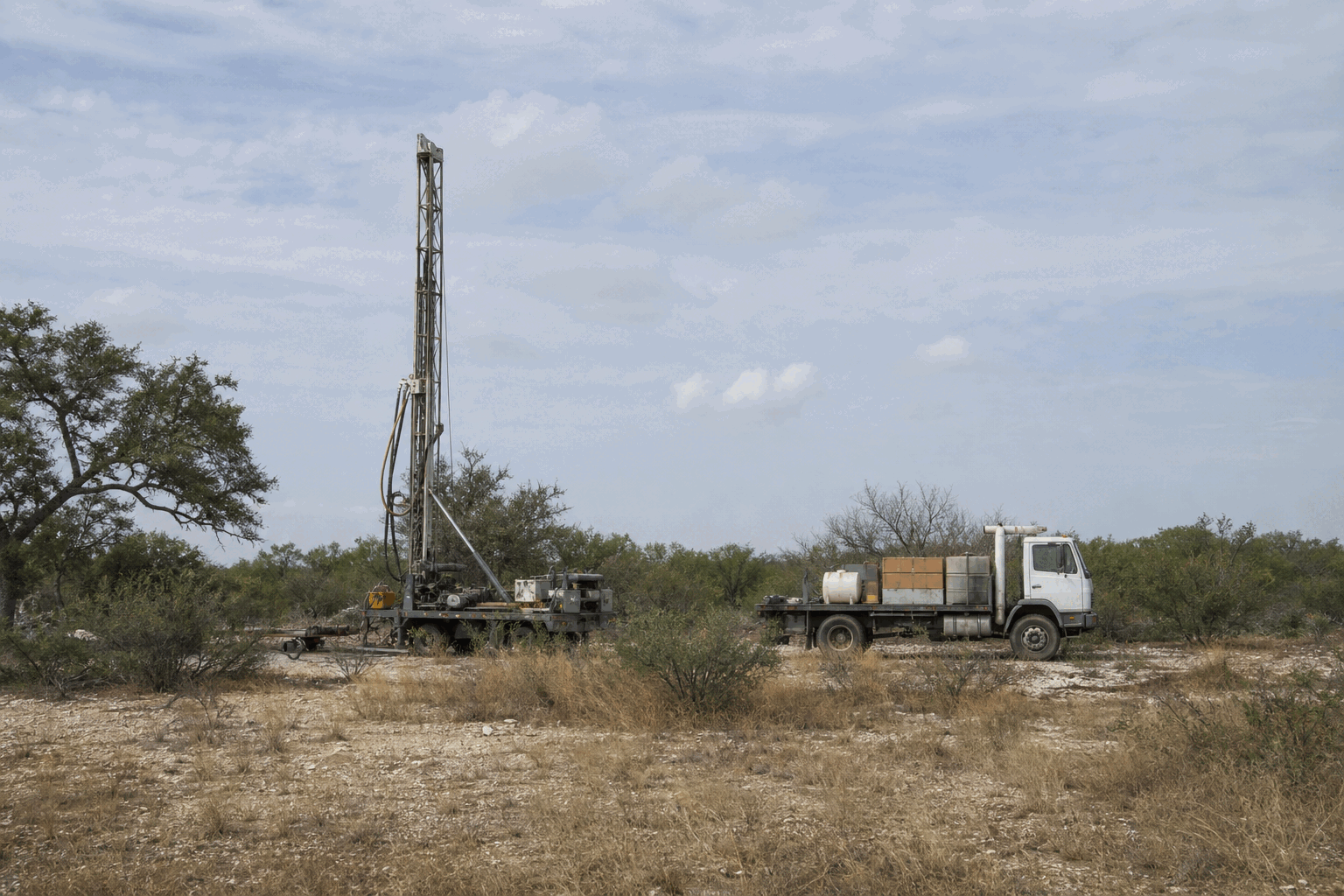 Illustrative South Texas rural water well drilling and service equipment scene
