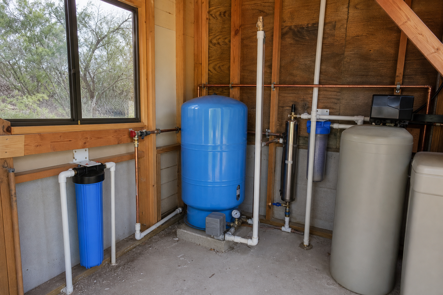 Bandera County Texas private well pressure tank, treatment filters, and plumbing inside a Hill Country pump house