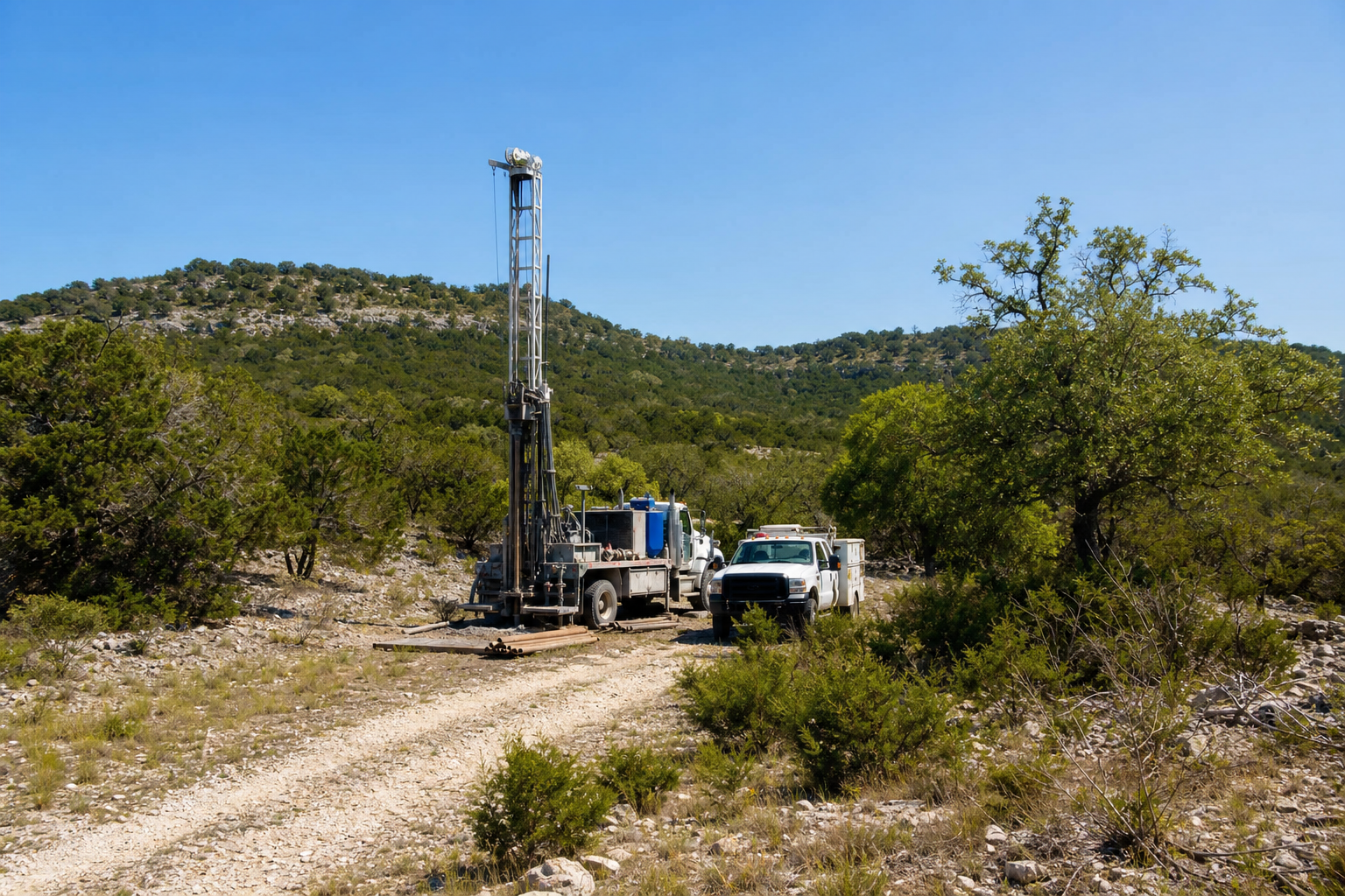 Bandera County Texas rural drilling site with water well rig and service truck on rocky Hill Country acreage