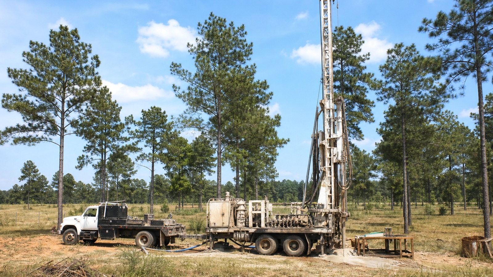 Bastrop County Texas rural drilling site and water well rig Bastrop County Texas rural drilling site with water well rig and service truck