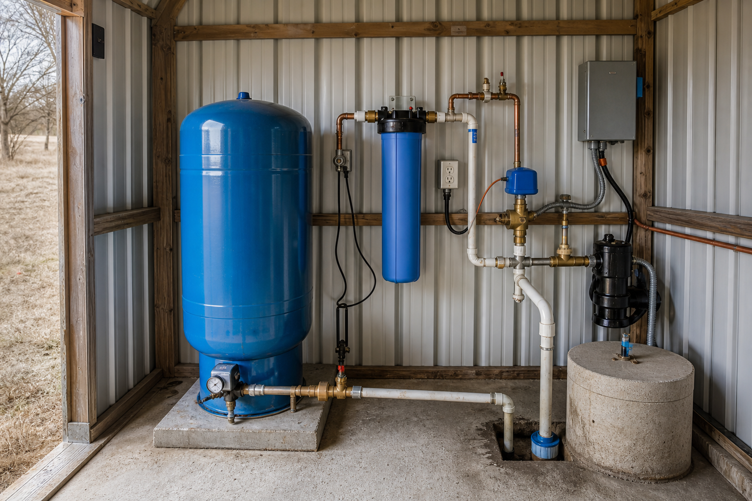 Baylor County Texas private well pressure tank, filter housing, and pump-house plumbing in a rural equipment shed