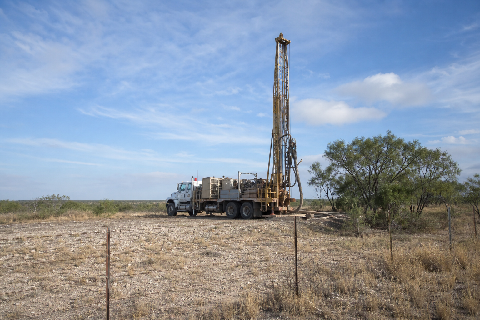 Baylor County Texas rural drilling site with water well rig and service truck on dry ranch pasture near Seymour
