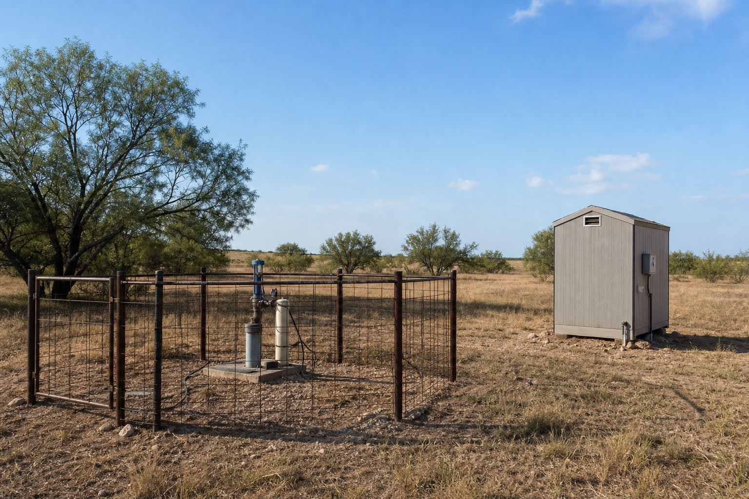 Baylor County Texas fenced private wellhead, utility shed, dry pasture, and mesquite trees near Seymour
