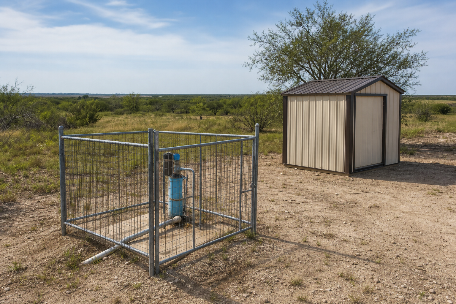 Bee County Texas homesite with fenced private wellhead, utility shed, caliche soil, and South Texas brush near Beeville