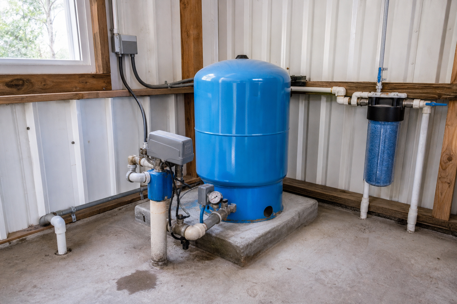 Bee County Texas private well pressure tank and filter setup Bee County Texas private well pressure tank, sediment filter, and plumbing inside a rural South Texas pump house