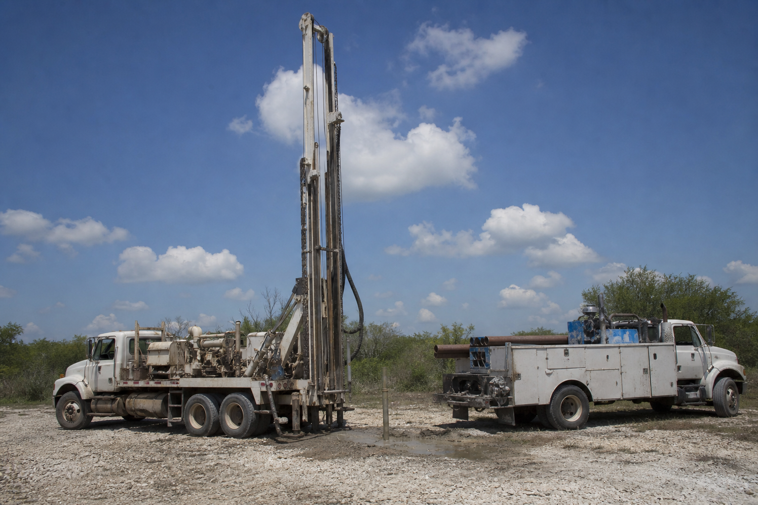 Bee County Texas rural drilling site and water well rig Bee County Texas rural drilling site with water well rig and service truck on caliche ground outside Beeville