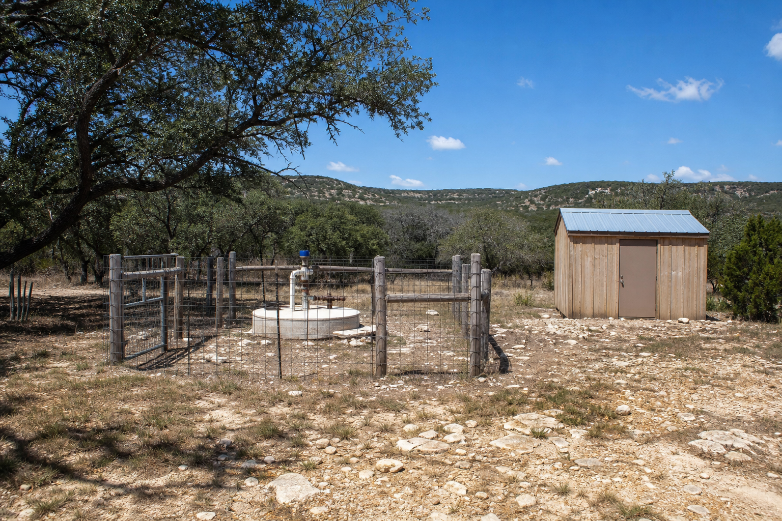 Bexar County Texas Hill Country edge homesite with fenced private wellhead and utility shed