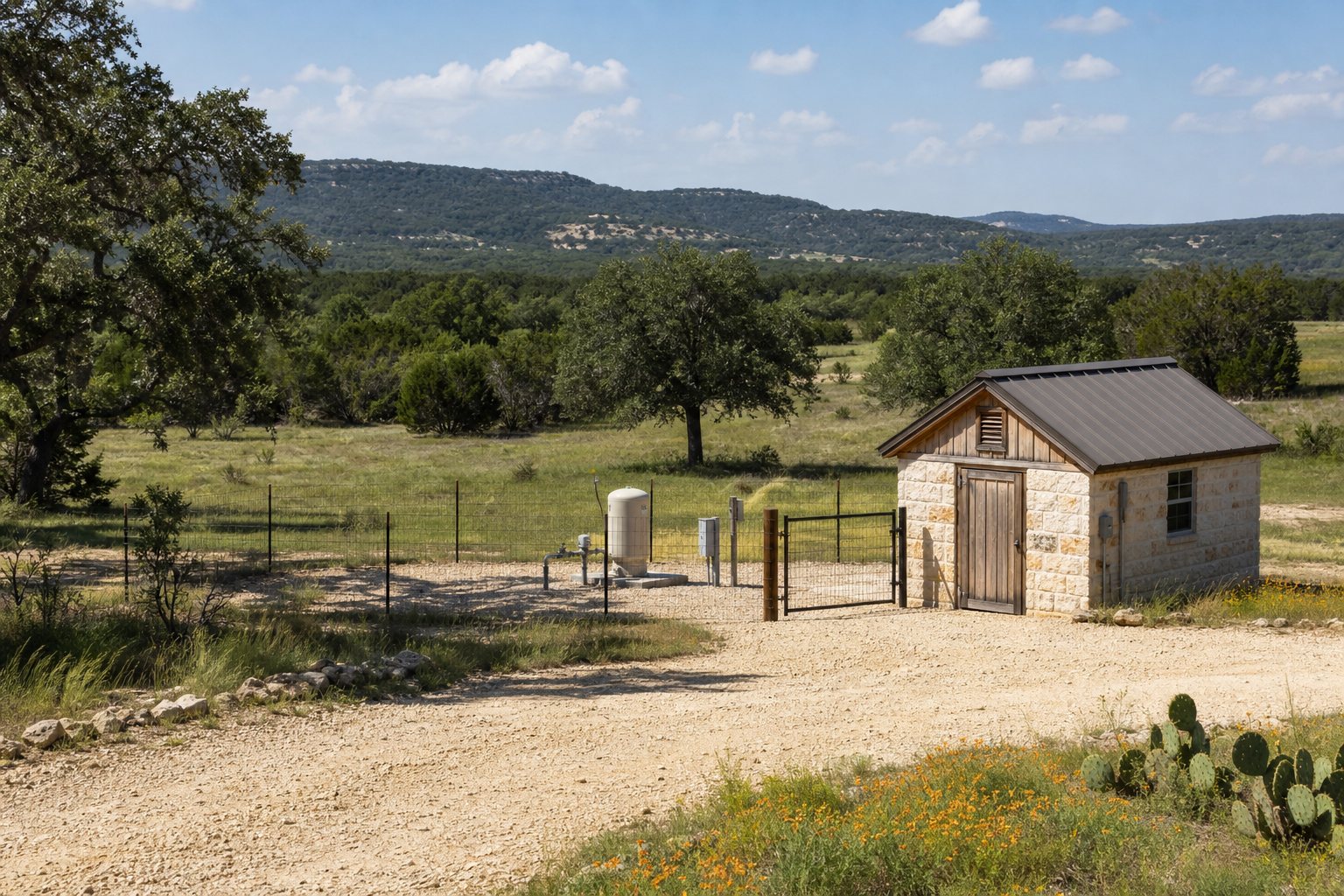 Blanco County Texas Hill Country homesite with fenced private wellhead, limestone utility shed, caliche drive, and low ridges