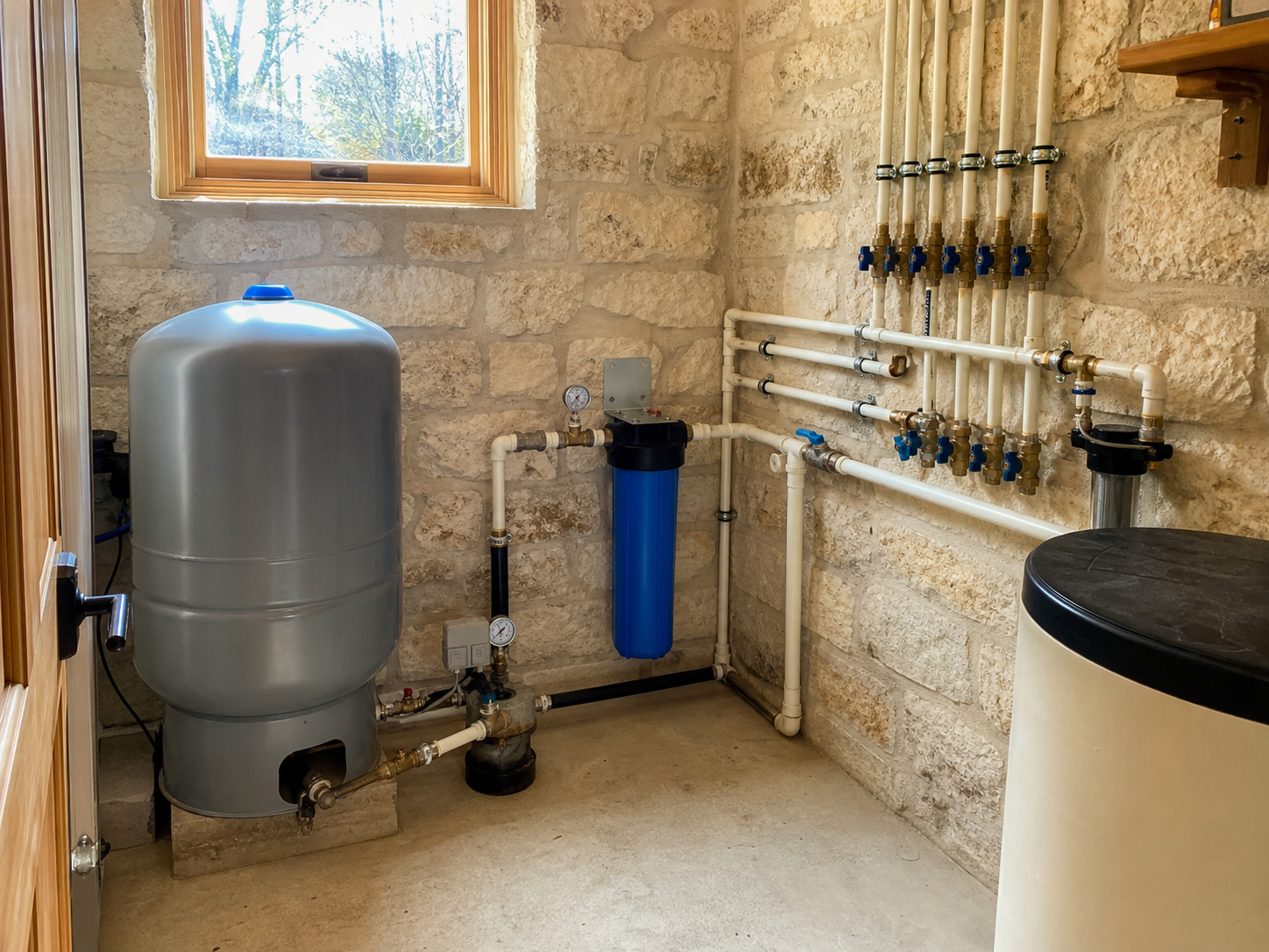Blanco County Texas private well pressure tank, filtration equipment, and plumbing inside a Hill Country limestone utility room