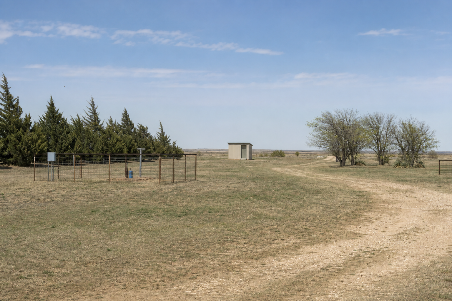 Borden County Texas Gail-area homesite with fenced private wellhead, small utility shed, caliche drive, and open High Plains horizon