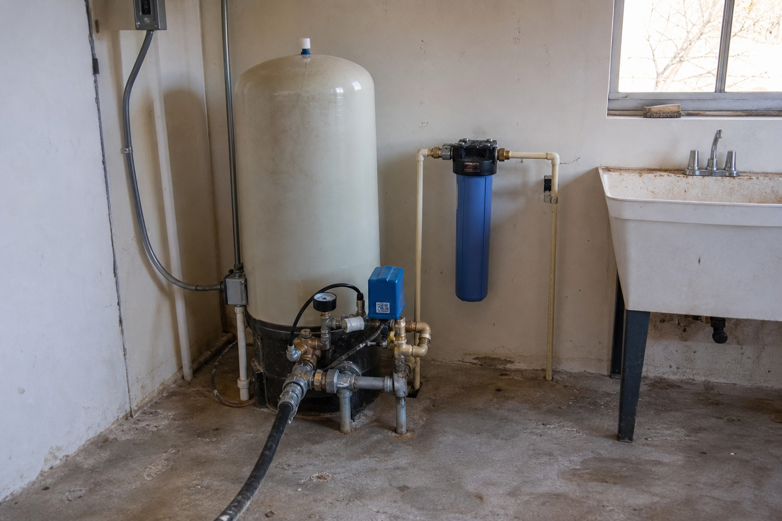 Borden County Texas private well pressure tank, sediment filter, and plumbing inside a rural equipment room