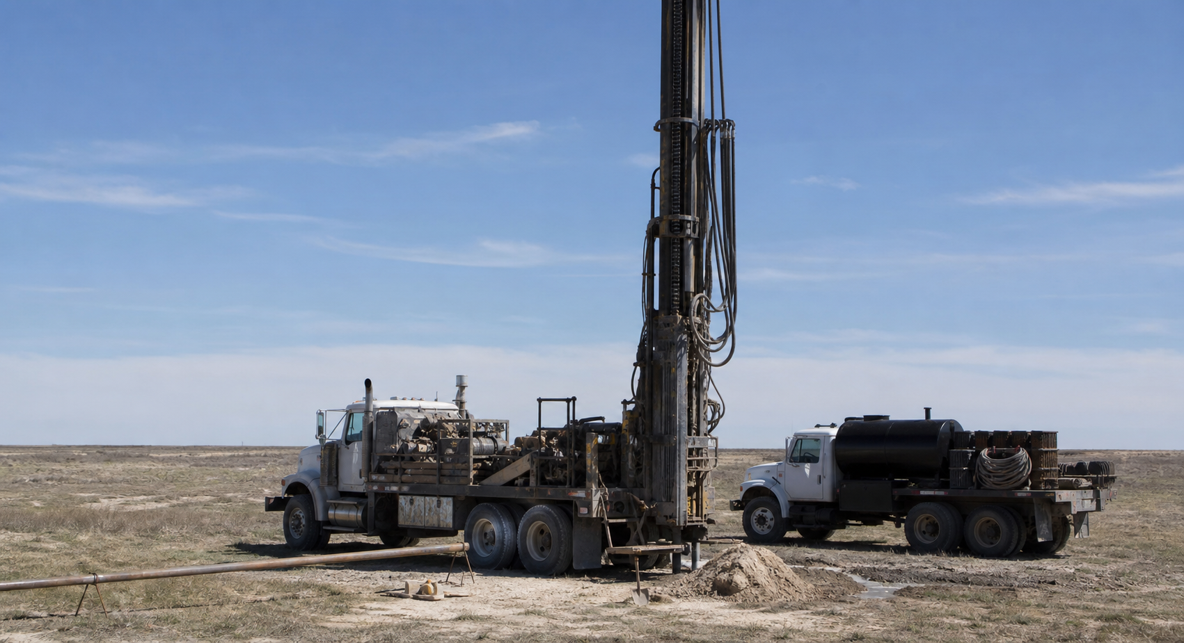 Borden County Texas rural drilling site with water well rig and support truck on dry ranch acreage