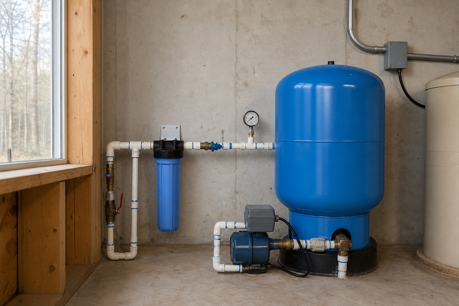 Bowie County Texas private well pressure tank and filter setup Bowie County Texas private well pressure tank, sediment filter, and plumbing inside a rural utility room