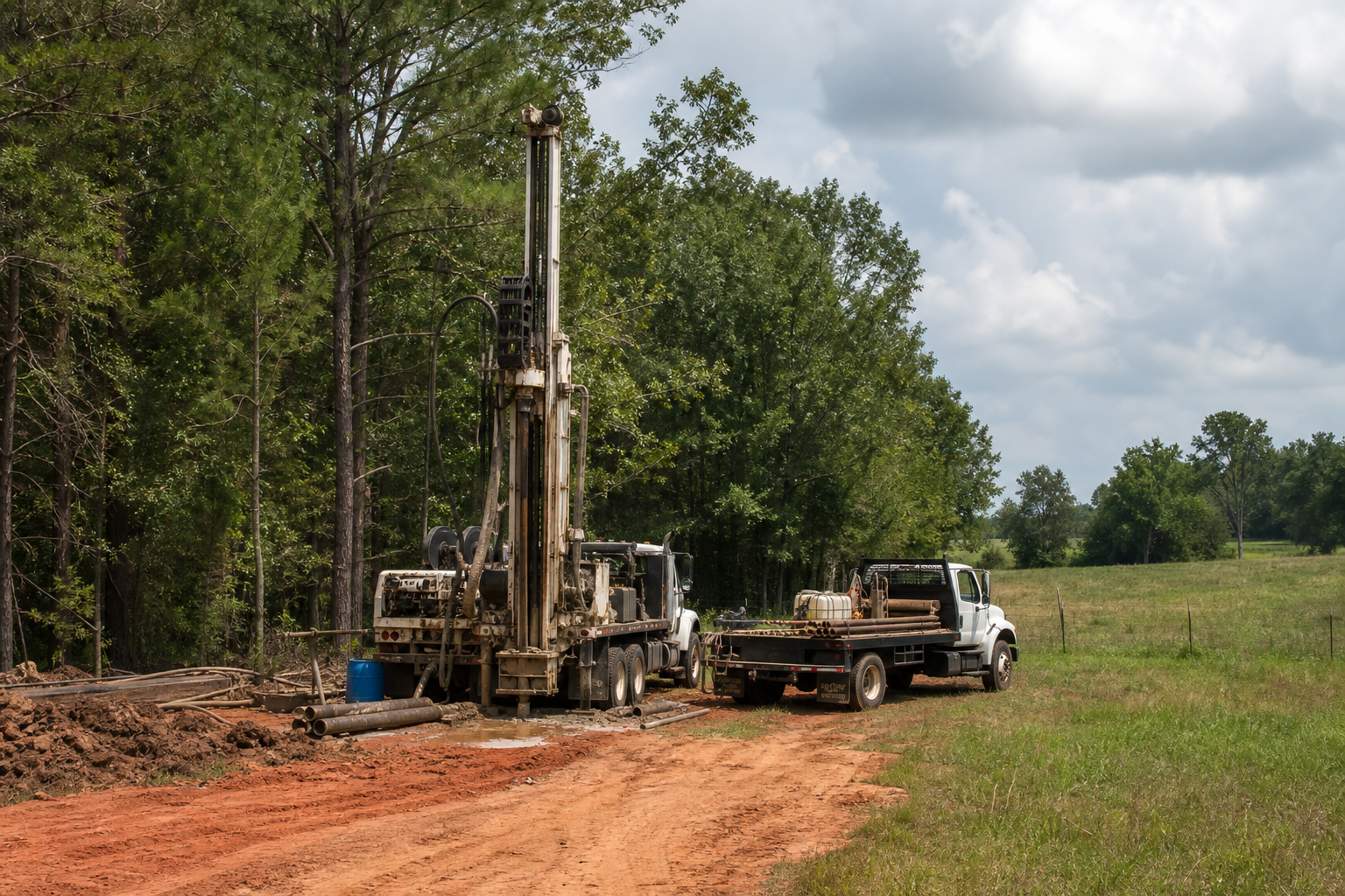 Bowie County Texas rural drilling site and water well rig Bowie County Texas rural drilling site with water well rig and support truck on red clay acreage
