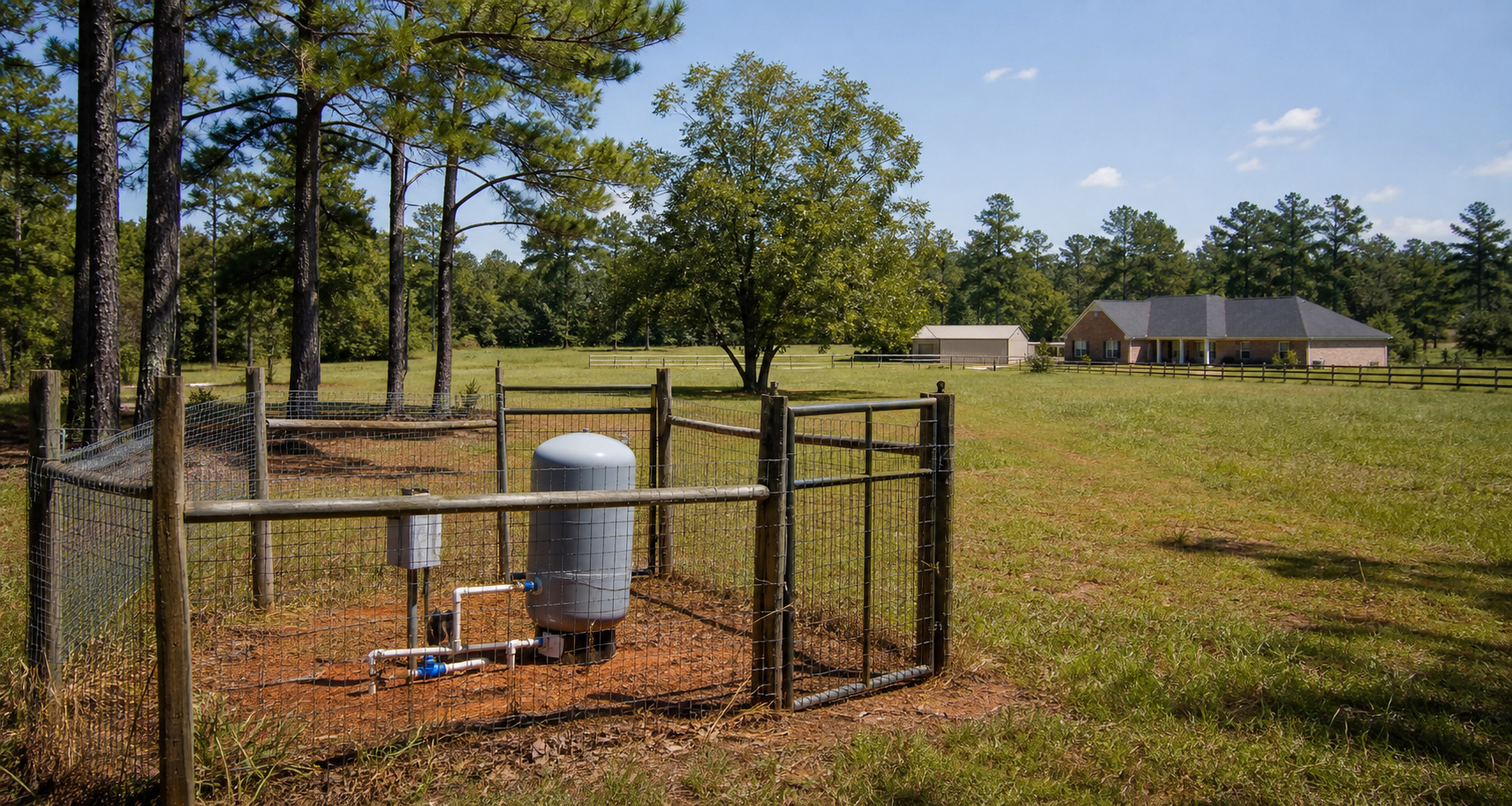 Bowie County Texas fenced private wellhead at a rural homesite with red clay soil, pine trees, and open pasture near Texarkana