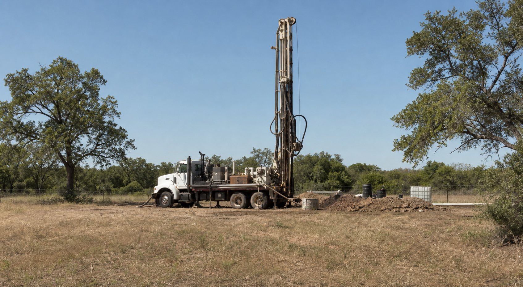 Caldwell County Texas rural drilling site and water well rig Caldwell County Texas rural drilling site with water well rig and service truck
