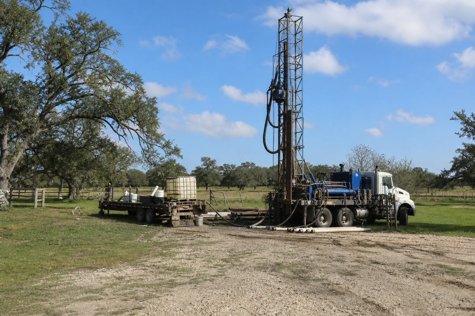 Lavaca County Texas rural drilling site with water well rig on pasture acreage